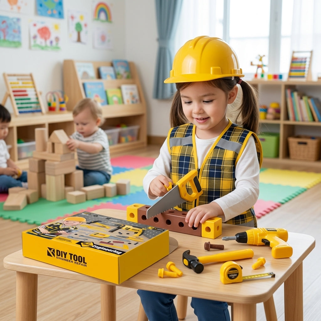 Dečji alat set DIY u koferu – devojčica u vrtiću seče plastičnom testericom