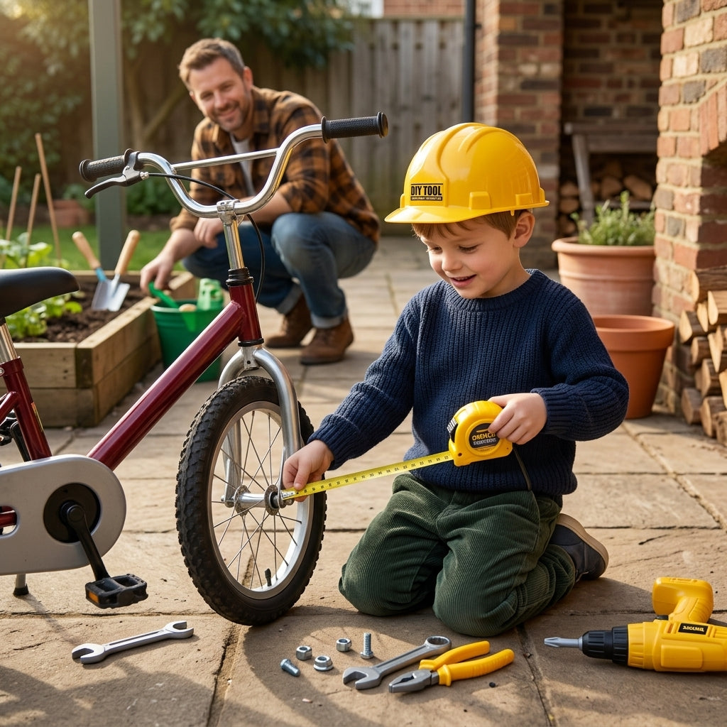 Dečji alat set DIY u koferu – dečak u dvorištu meri svoj bicikl uz oca majstora