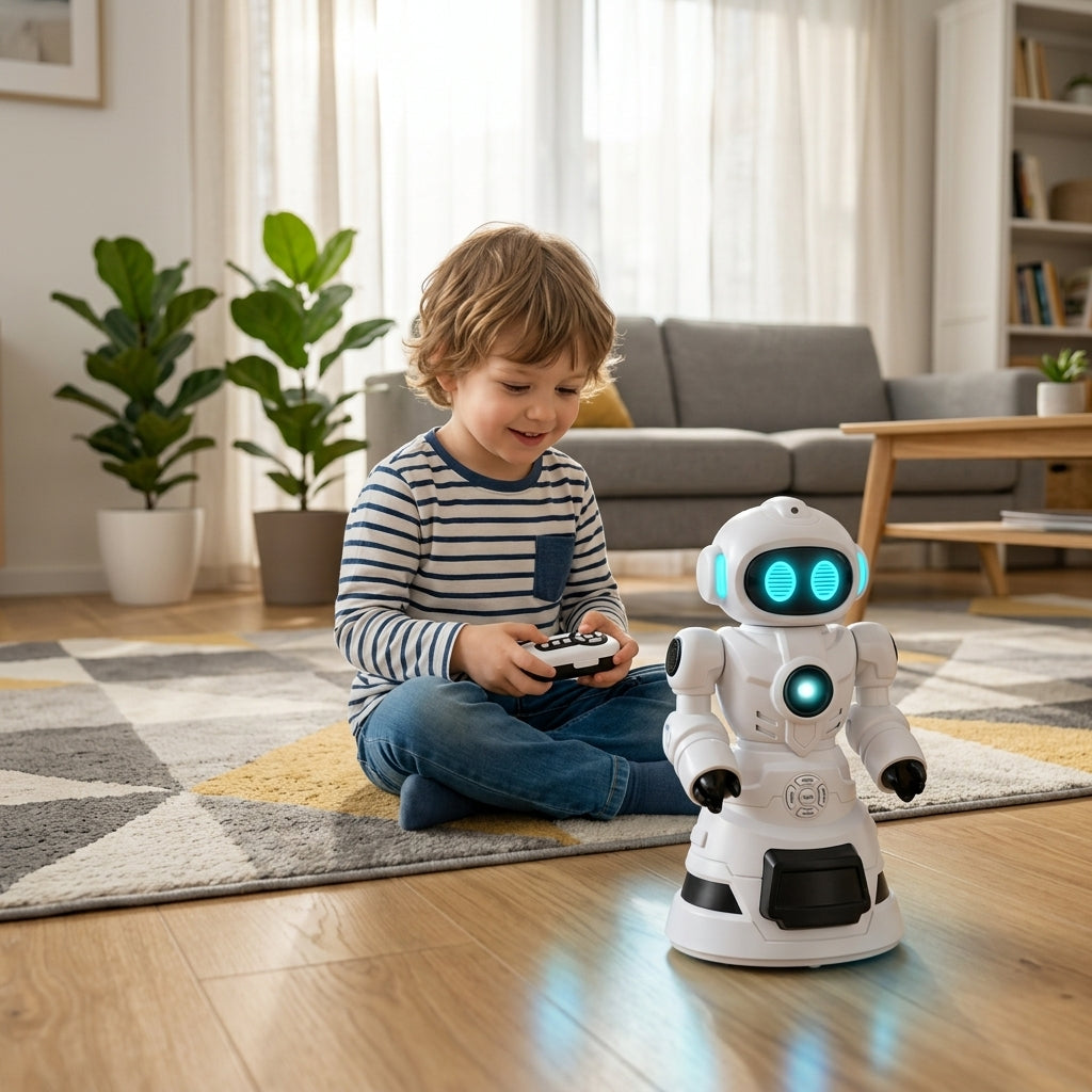Igračka robot beli interaktivni se kreće po parketu dok četvorogodišnji dečak drži daljinski upravljač