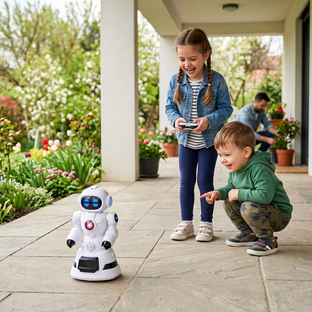Igračka robot beli interaktivni na terasi porodične kuće tokom igre dvoje dece
