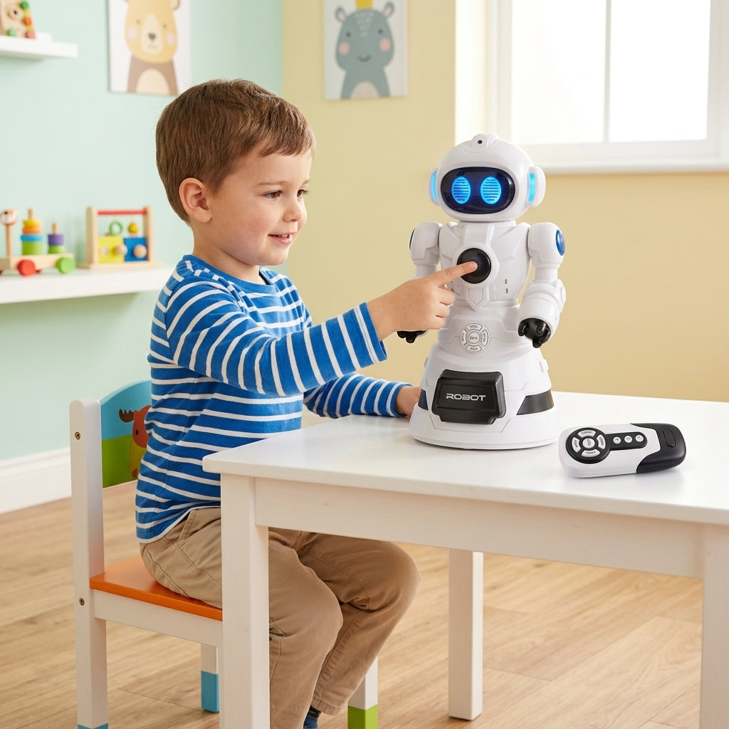Igračka robot beli interaktivni na dečijem stolu u čekaonici dok se dečak zabavlja
