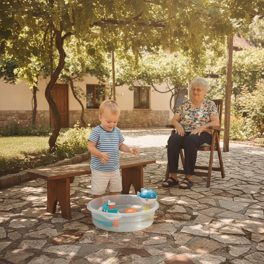 Brod za kupanje koji pluta u lavoru sa vodom u seoskom dvorištu