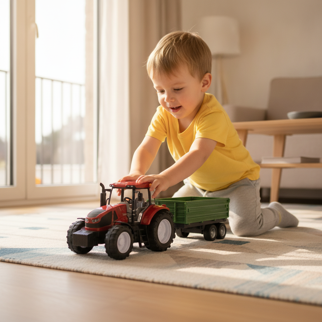 Igračka traktor sa prikolicom na tepihu u dnevnoj sobi dok ga dete gura