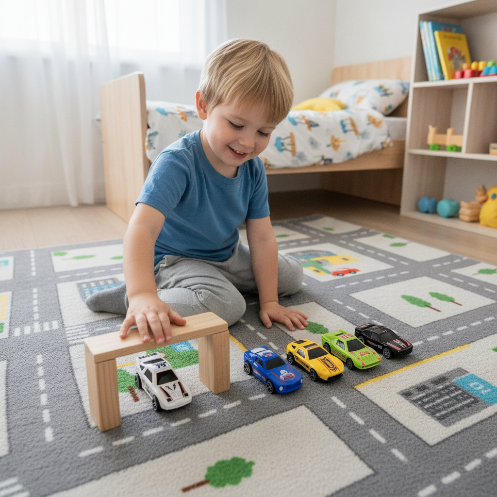 Autići set veliki na tepihu sa motivom saobraćajnih ulica u dečijoj sobi
