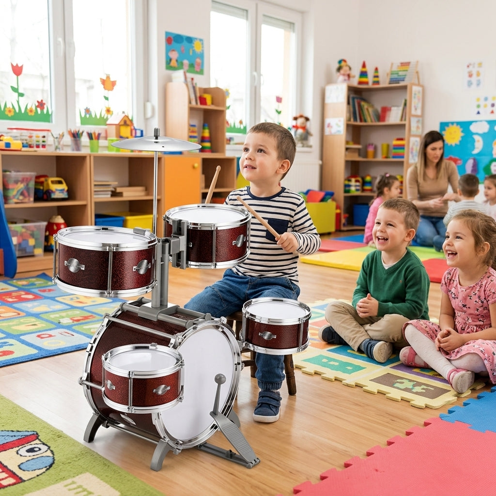 Dečji bubnjevi veliki crveni u vrtiću tokom zajedničke muzičke igre