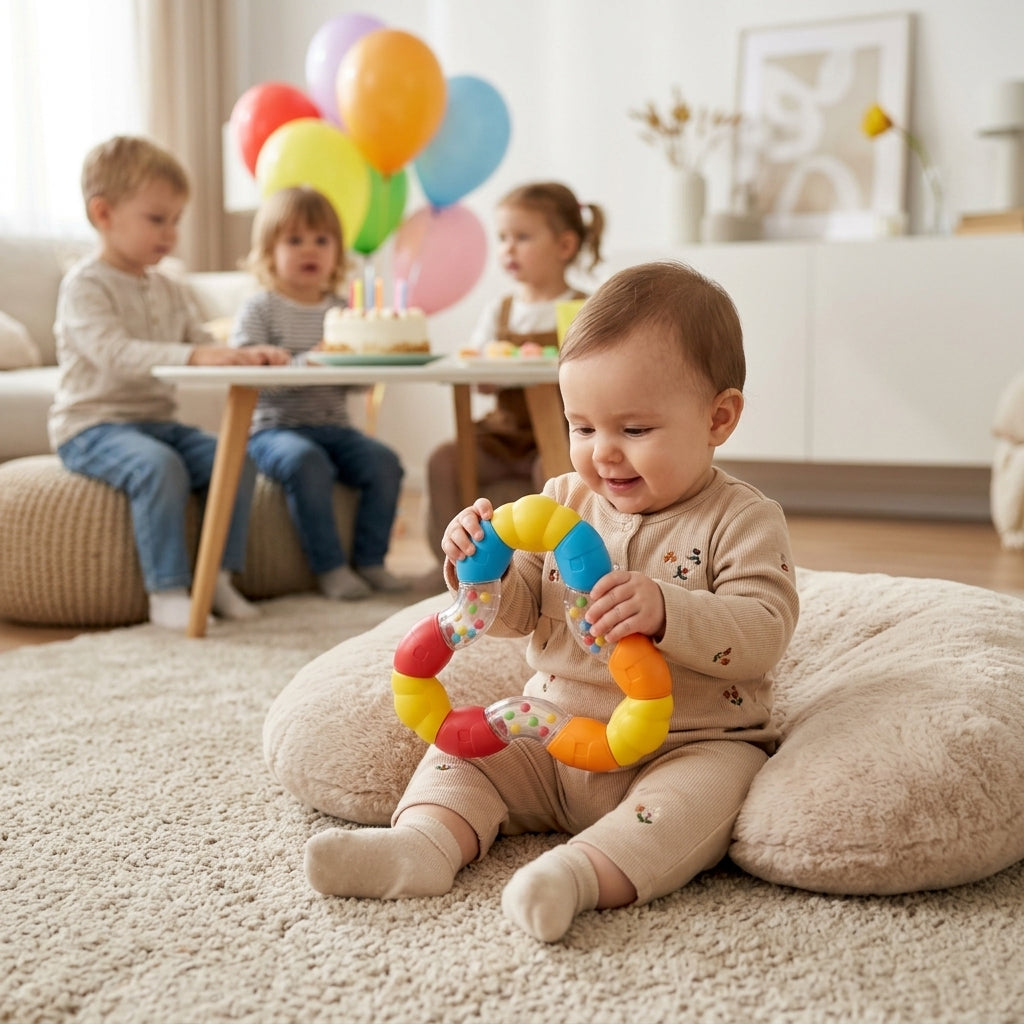 Zvečka velika u rukama bebe na dečjem rođendanu