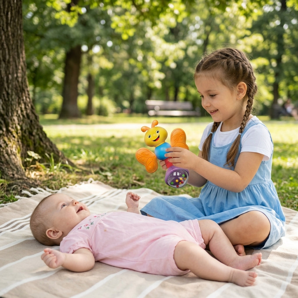 Zvečka i glodalica leptir u rukama devojčice koja se igra sa bebom na pikniku u parku