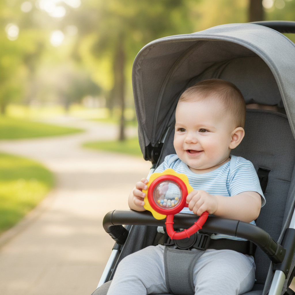 Zvečka suncokret u kolicima u ručicama četvoromesečne bebe tokom šetnje parkom