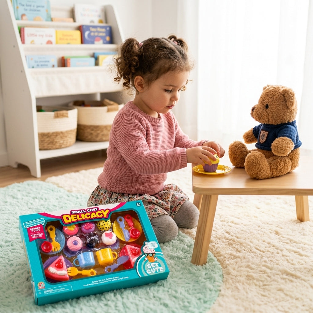 Igračka torta set raspoređen na tepihu dečije sobe uz plišane mede