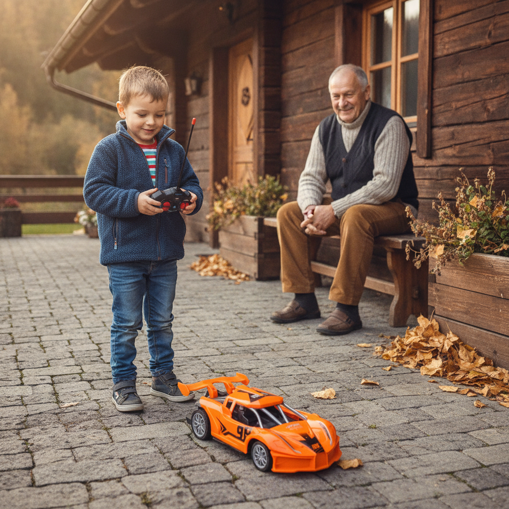 Auto na daljinski veliki u narandžastoj boji vozi po terasi vikendice dok se dečak igra sa dedom