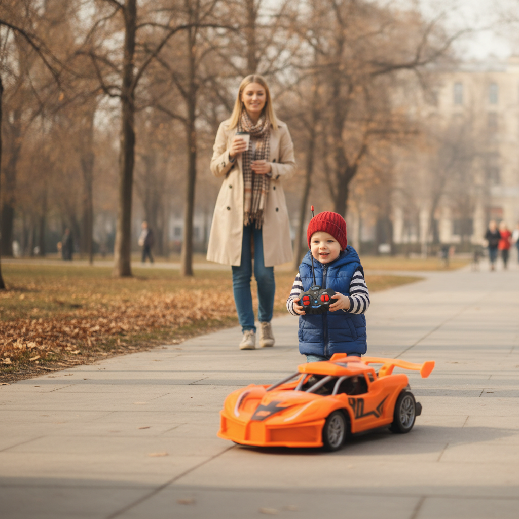 Auto na daljinski veliki juri po betonskoj stazi gradskog parka tokom jesenjeg dana