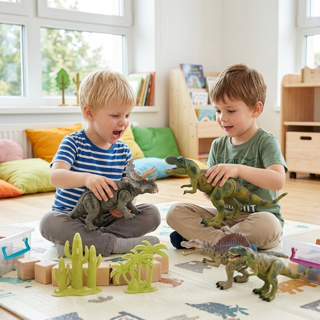 Dečji Dino set 2 u 1 u vrtiću na podu dok se deca igraju