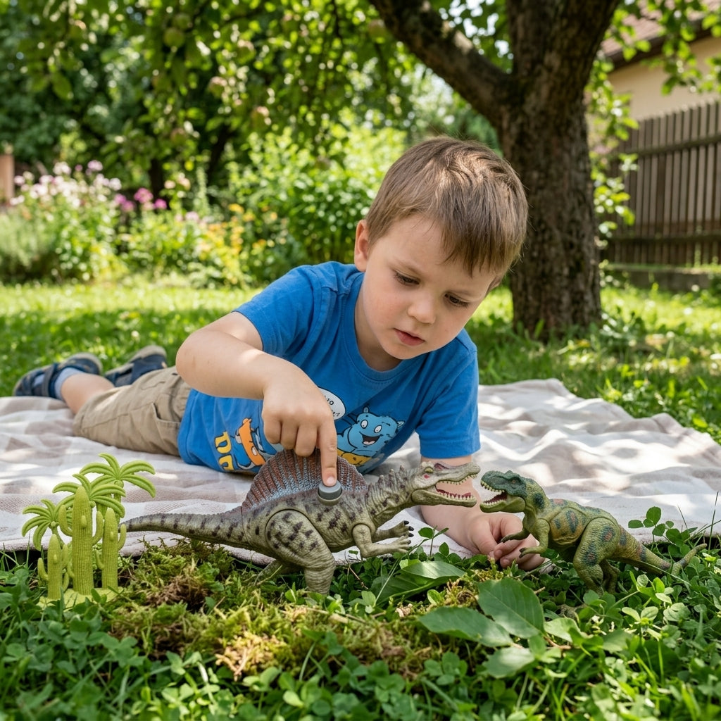 Dečji Dino set 2 u 1 na travi u dvorištu tokom letnje igre