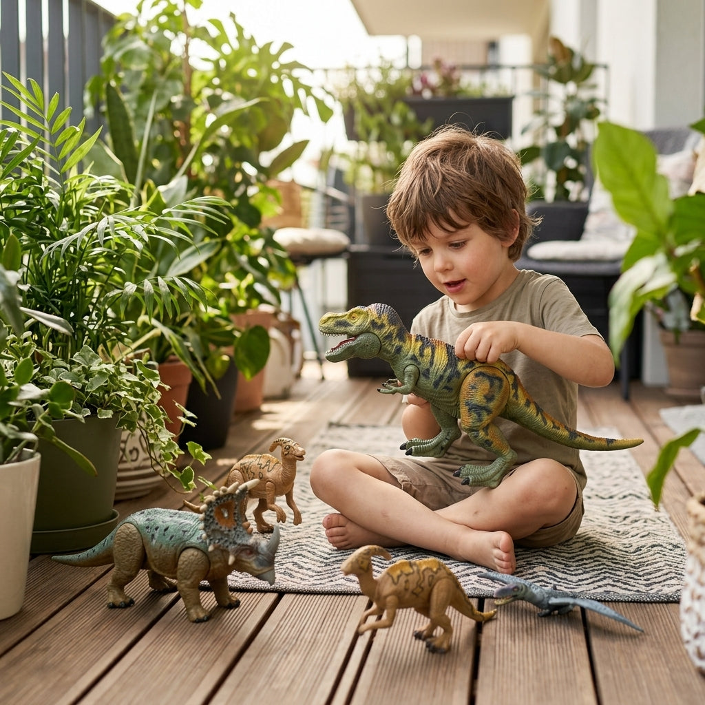 Dečji Dino set 3 u 1 u igri na sunčanoj terasi među sobnim biljkama
