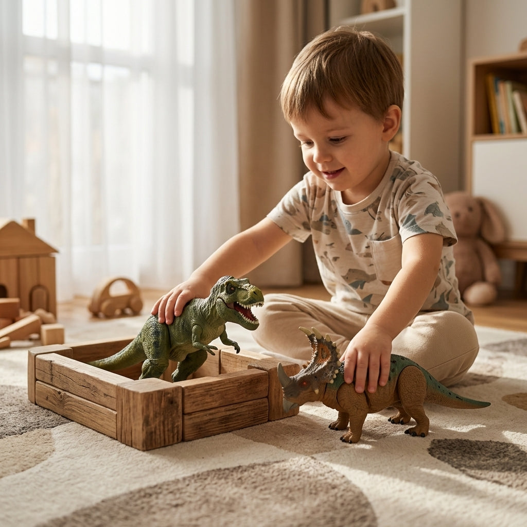 Dečji Dino set 3 u 1 poređan na tepihu dečje sobe uz drvene kocke
