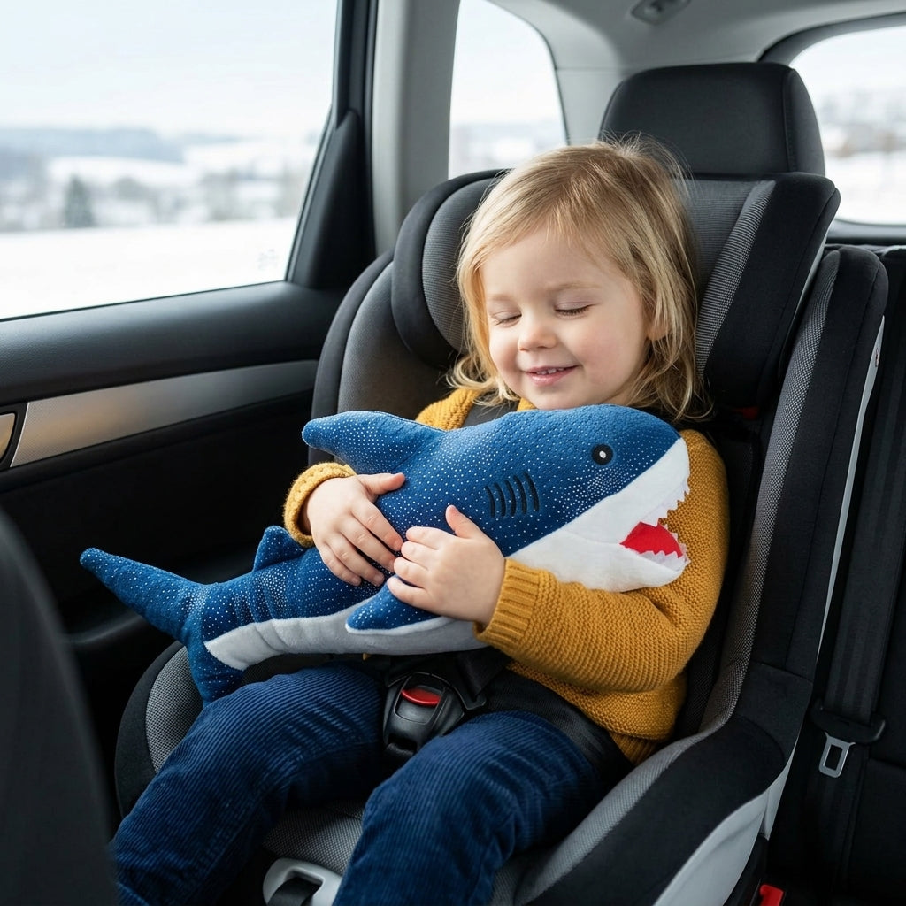 Plišana ajkula u rukama devojčice u auto-sedištu