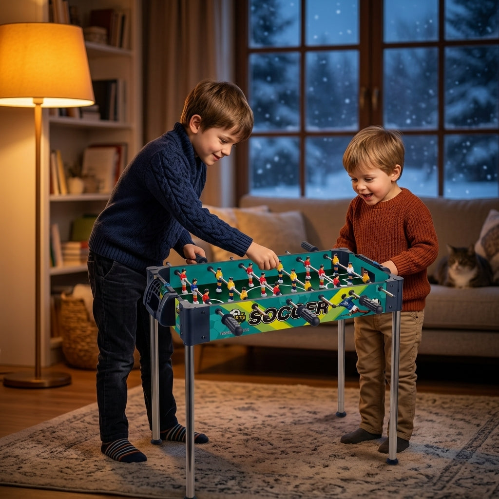 Fudbal sto zeleni sa metalnim nogarama u stanu tokom zimske večeri