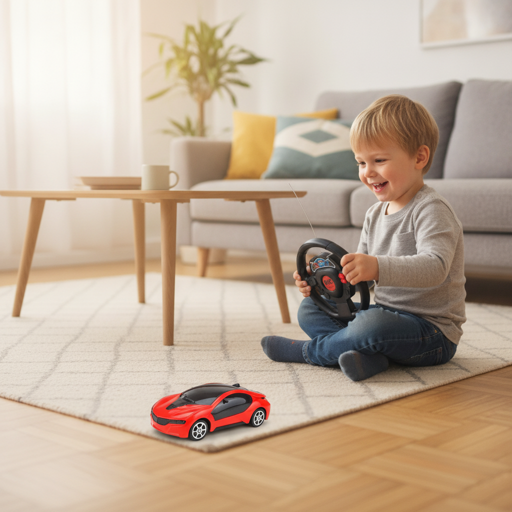 Auto na daljinski mali crvene boje koji dečak vozi po parketu dnevne sobe