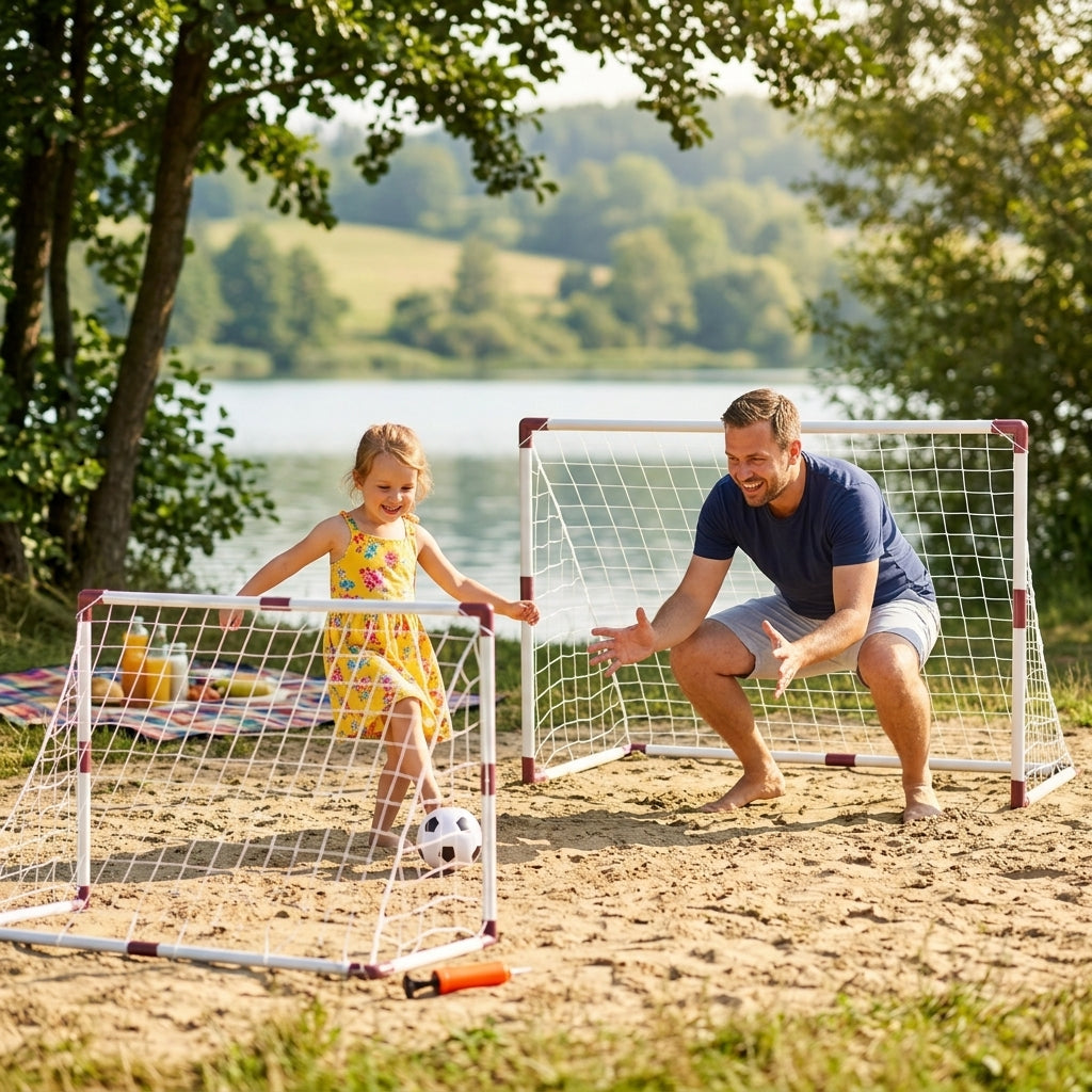 Dva fudbalska gola sa loptom i rekvizitima na peščanoj obali pored reke