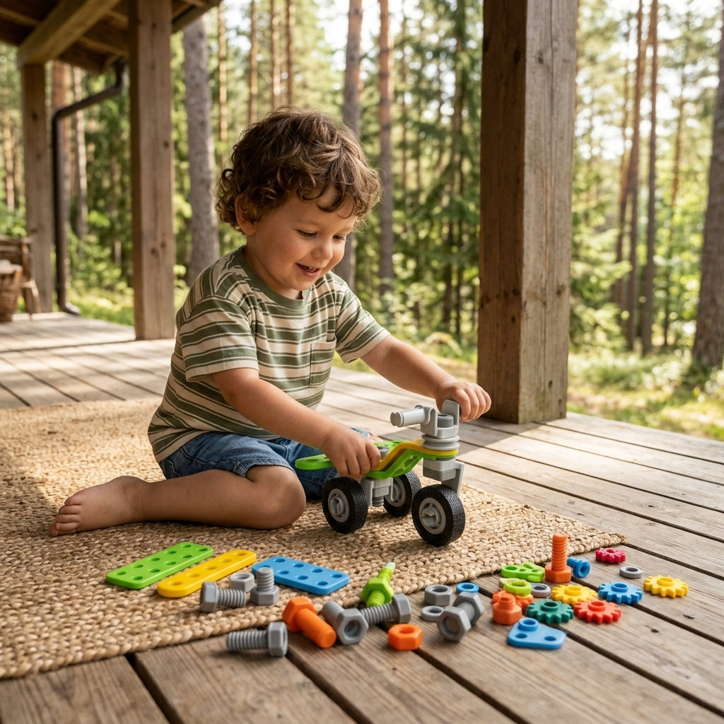 Konstruktor set motor sastavljen u vozilo koje dečak kotrlja po drvenom podu