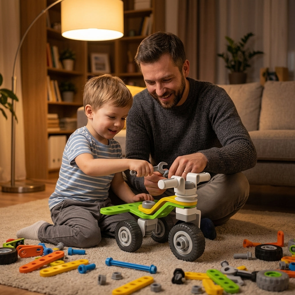 Konstruktor set - otac i sin sklapaju zeleni plastični motor na tepihu
