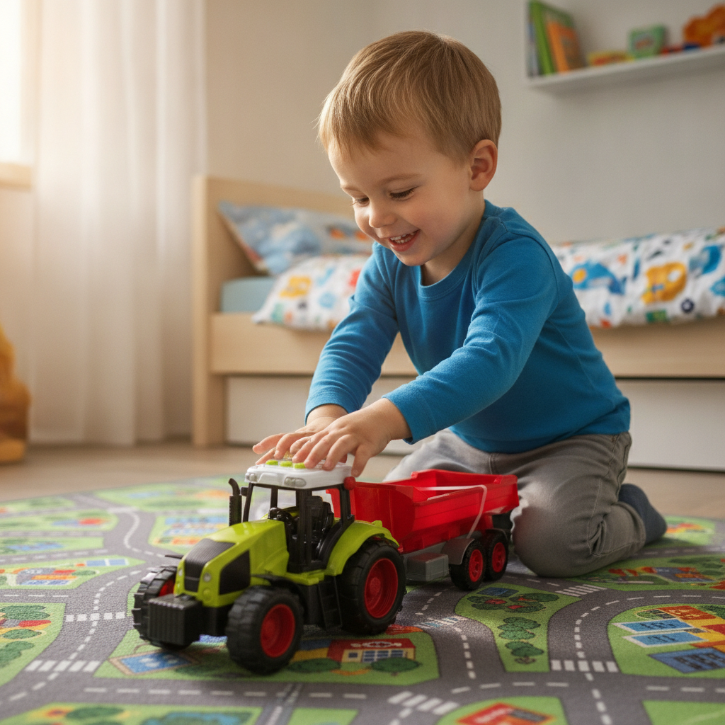Igračka traktor sa zvukom u dečijoj sobi na tepihu sa putevima