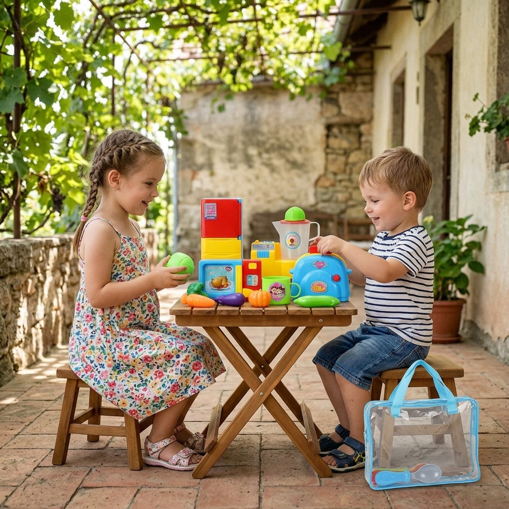 Dečji kuhinjski set sa kašikom raspoređen na stolu dok se deca igraju na verandi