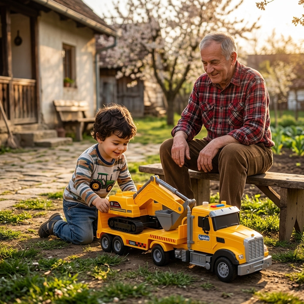 Igračka kamioni set žuti građevinski u dvorištu seoske kuće gde se unuk igra dok ga deka posmatra