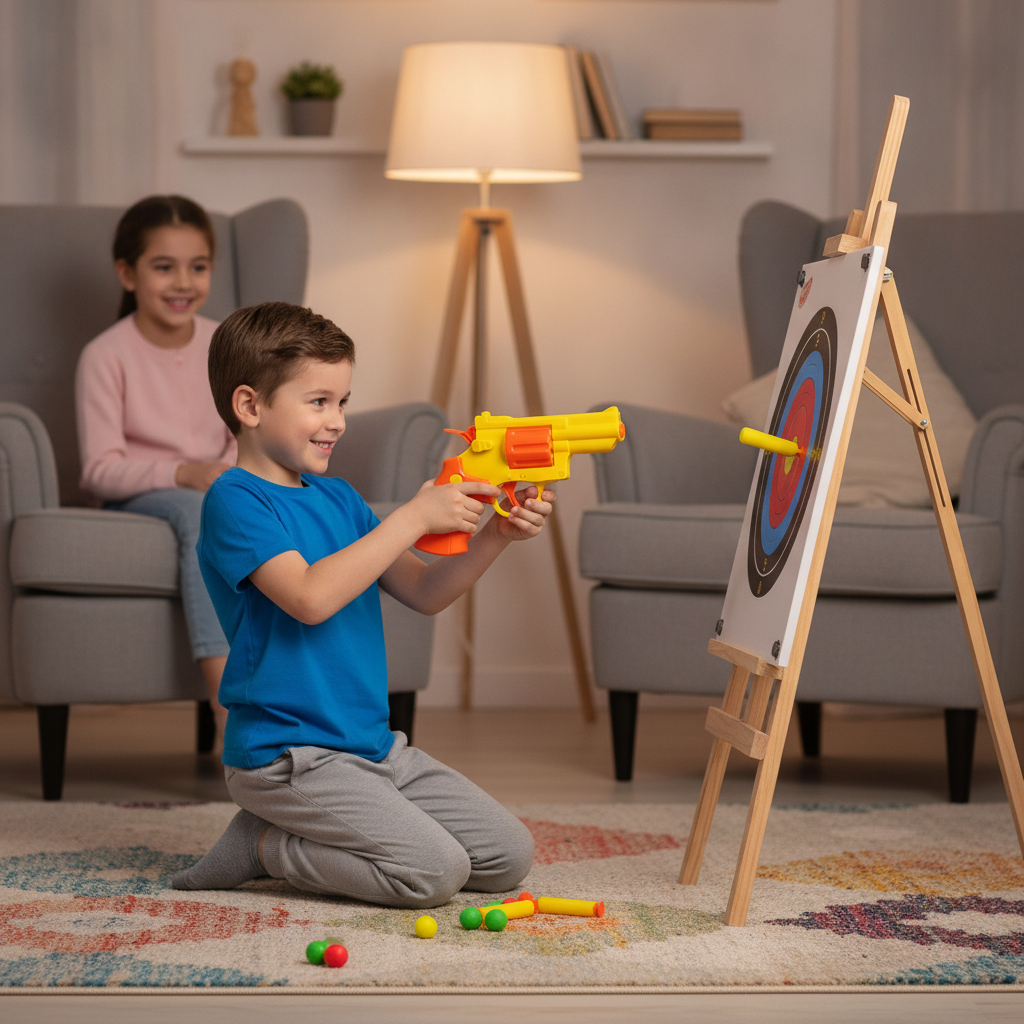 Igračka pištolj set 31 cm tokom bezbednog večernjeg gađanja u metu u dečijoj sobi