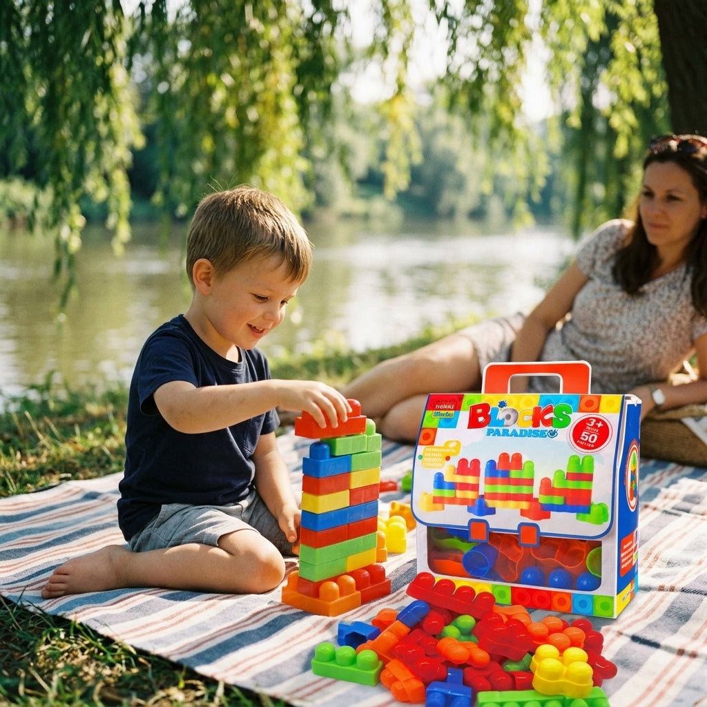 Kocke u torbi na piknik prostirci pored reke u letnje podne