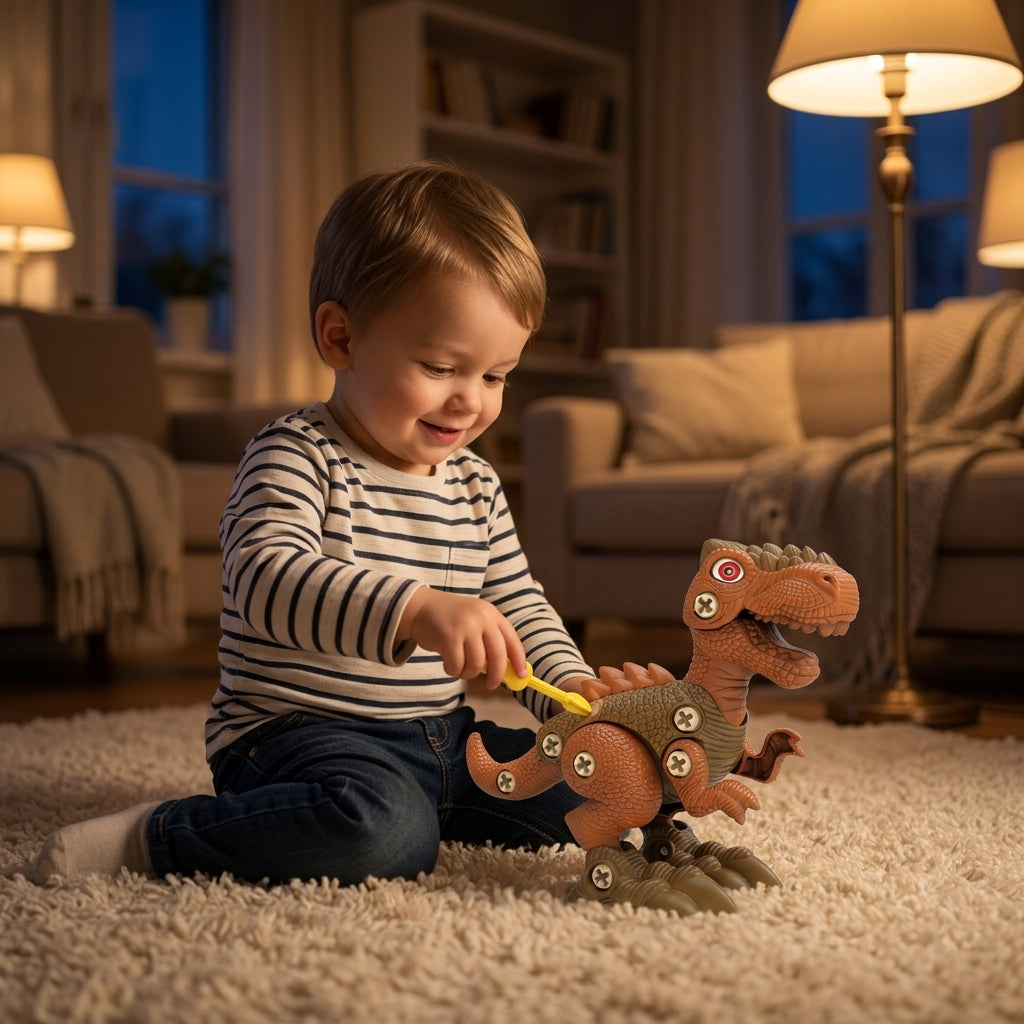 Dinosaurus „uradi sam” dečija igračka na tepihu u dnevnoj sobi