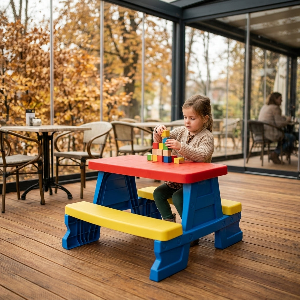 Dečji sto sa klupama za dvorište u dečjem kutku restoranske terase