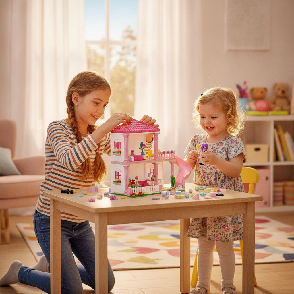 Kocke set roze vila 338 komada, devojčice zajedno sklapaju roze vilu na drvenom stolu