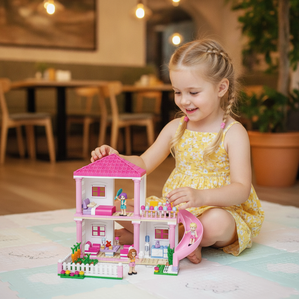 Kocke set roze vila 338 komada, devojčica se igra sa mini figurama i roze vilom u igraonici