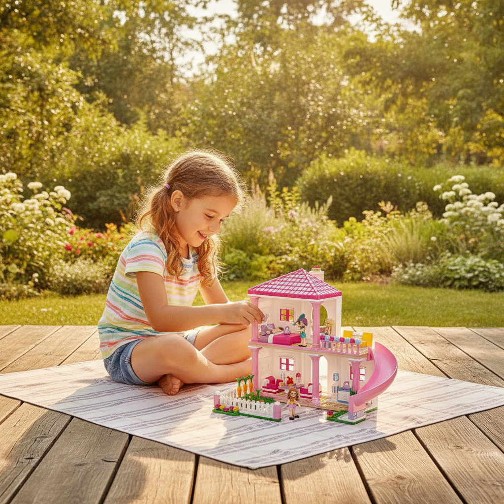 Kocke set roze vila 338 komada, devojčica slaže detalje bašte roze vile na letnjoj terasi