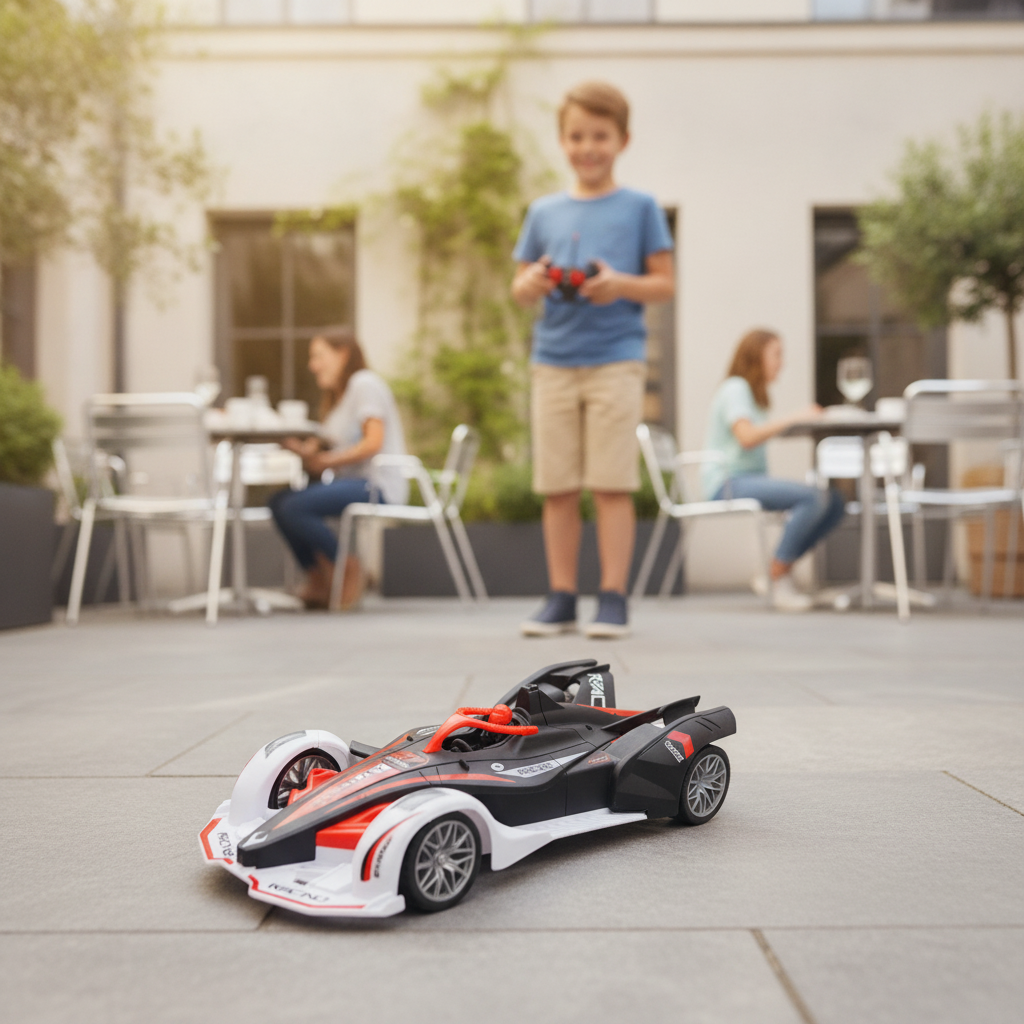 Auto formula na daljinski na glatkoj stazi u dvorištu kafića