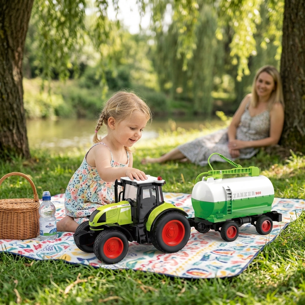 Igračka traktor sa cisternom sa zvukom i svetlom na piknik ćebetu pored reke