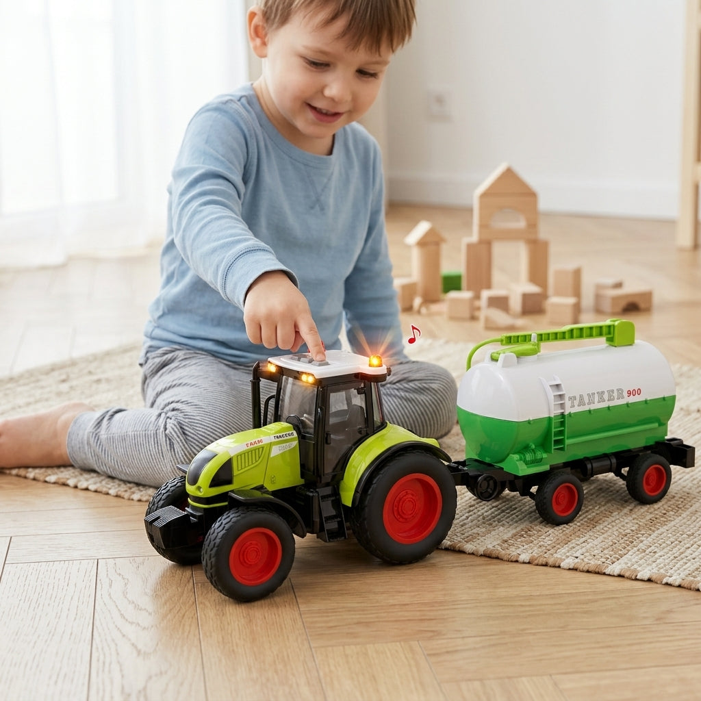 Igračka traktor sa cisternom sa zvukom i svetlom u dečijoj sobi na podu