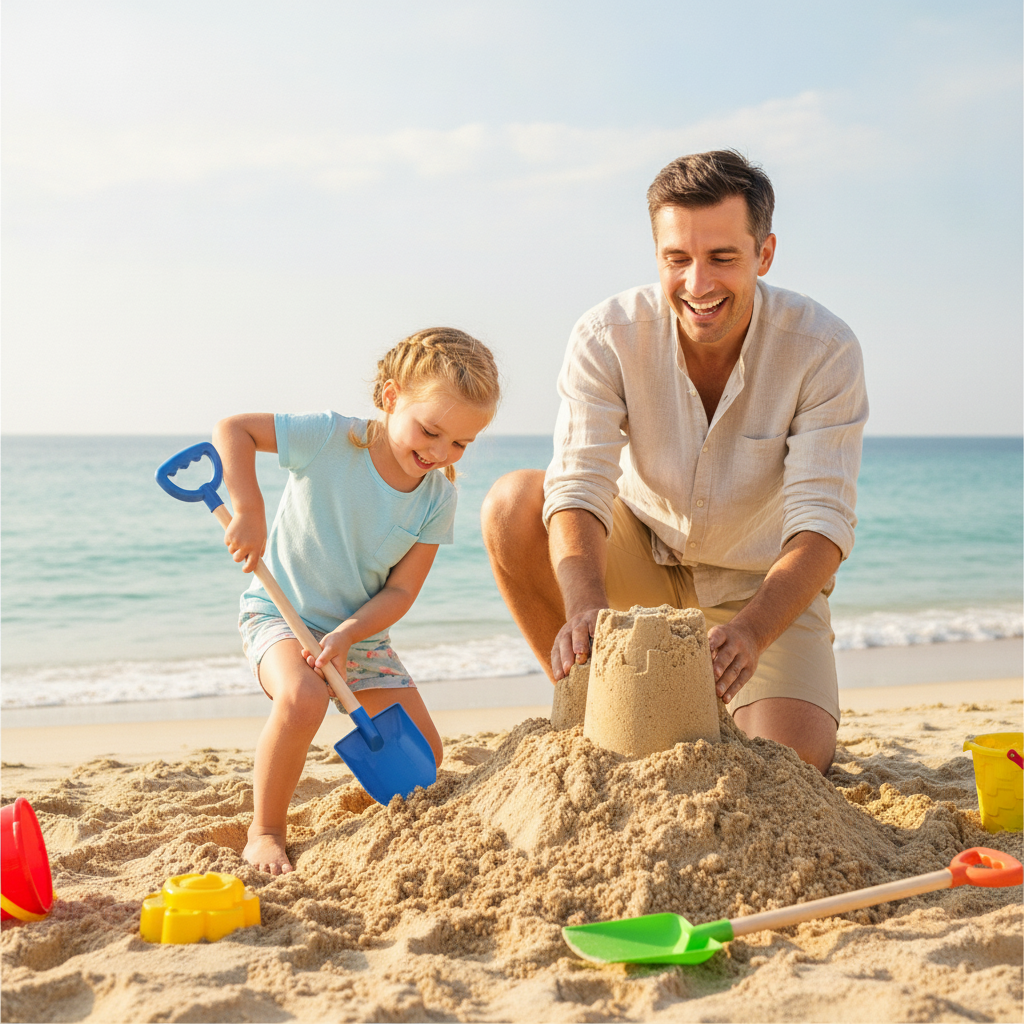 Lopatica za plažu u rukama devojčice dok kopa pesak na obali mora pored oca