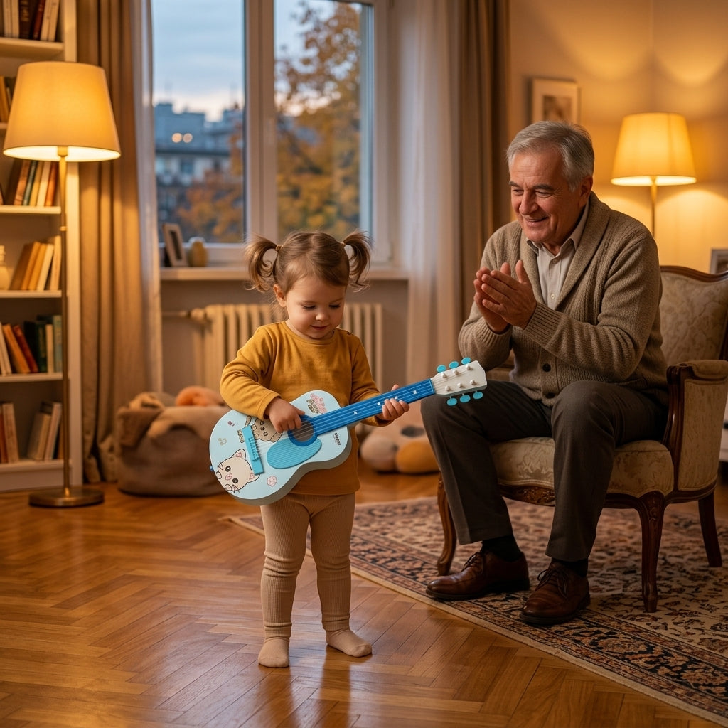 Dečja gitara melodija miks boje u rukama devojčice dok svira pred dekom u dnevnoj sobi