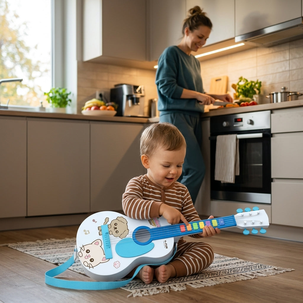 Dečja gitara melodija miks boje koju dečak istražuje sedeći na podu kuhinje