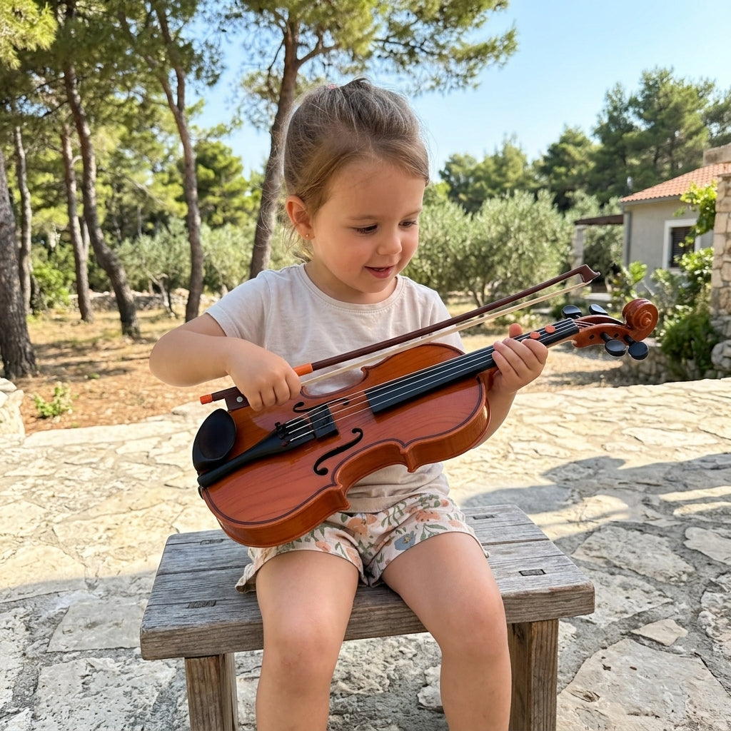 Dečja violina sa gudalom na letnjoj terasi u rukama devojčice