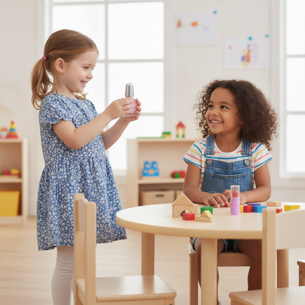 Dečji set za šminkanje u rukama devojčice u vrtiću.