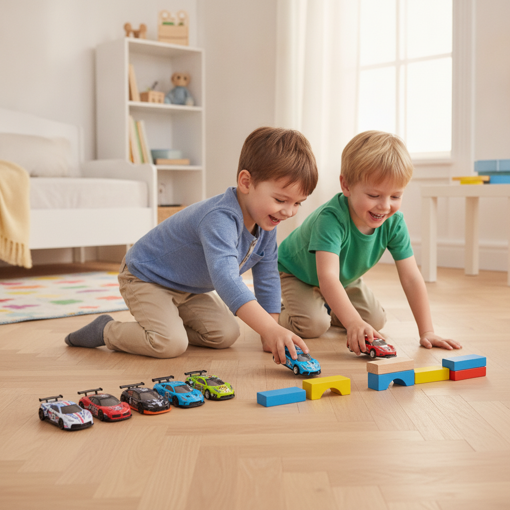Igračka trkački automobili set na podu dečije sobe dok se dečaci igraju trka