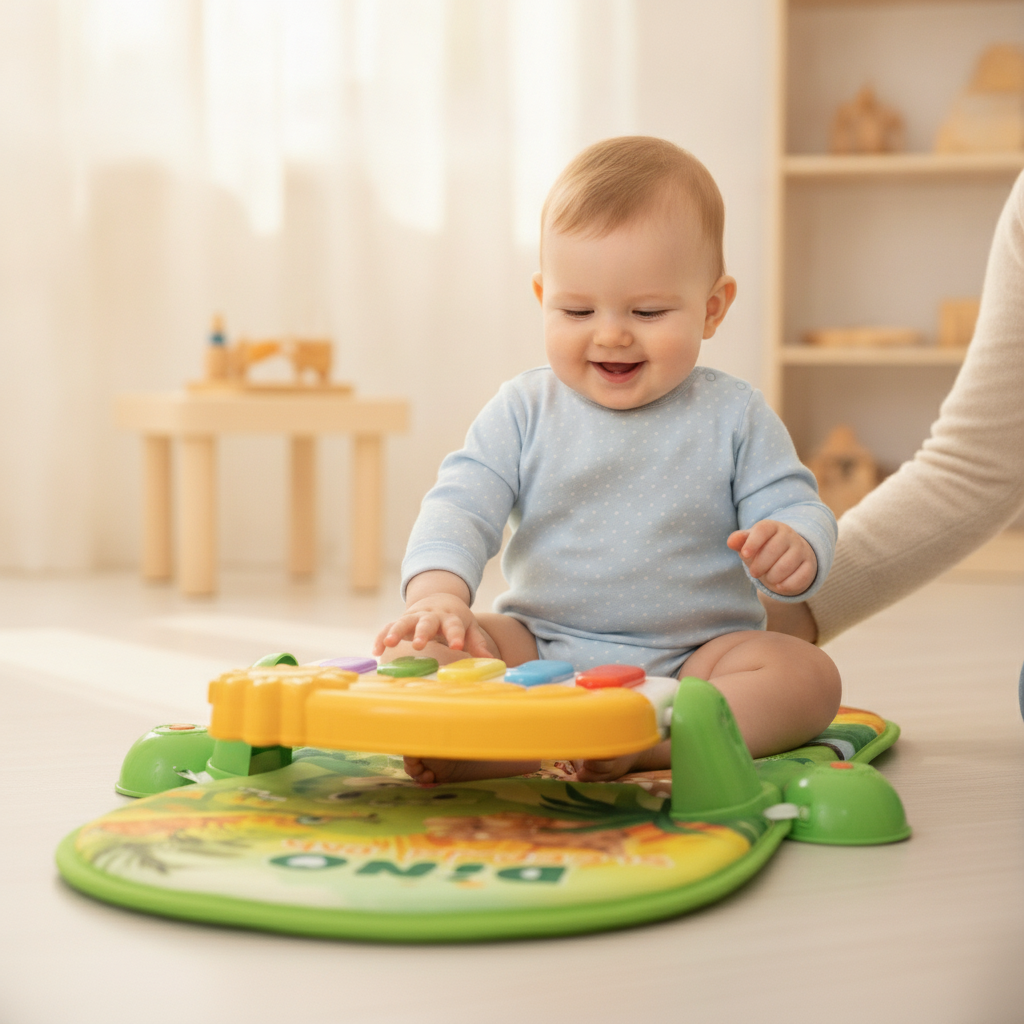 Piano podloga zelena dok devetomesečna beba sedi i svira tastere