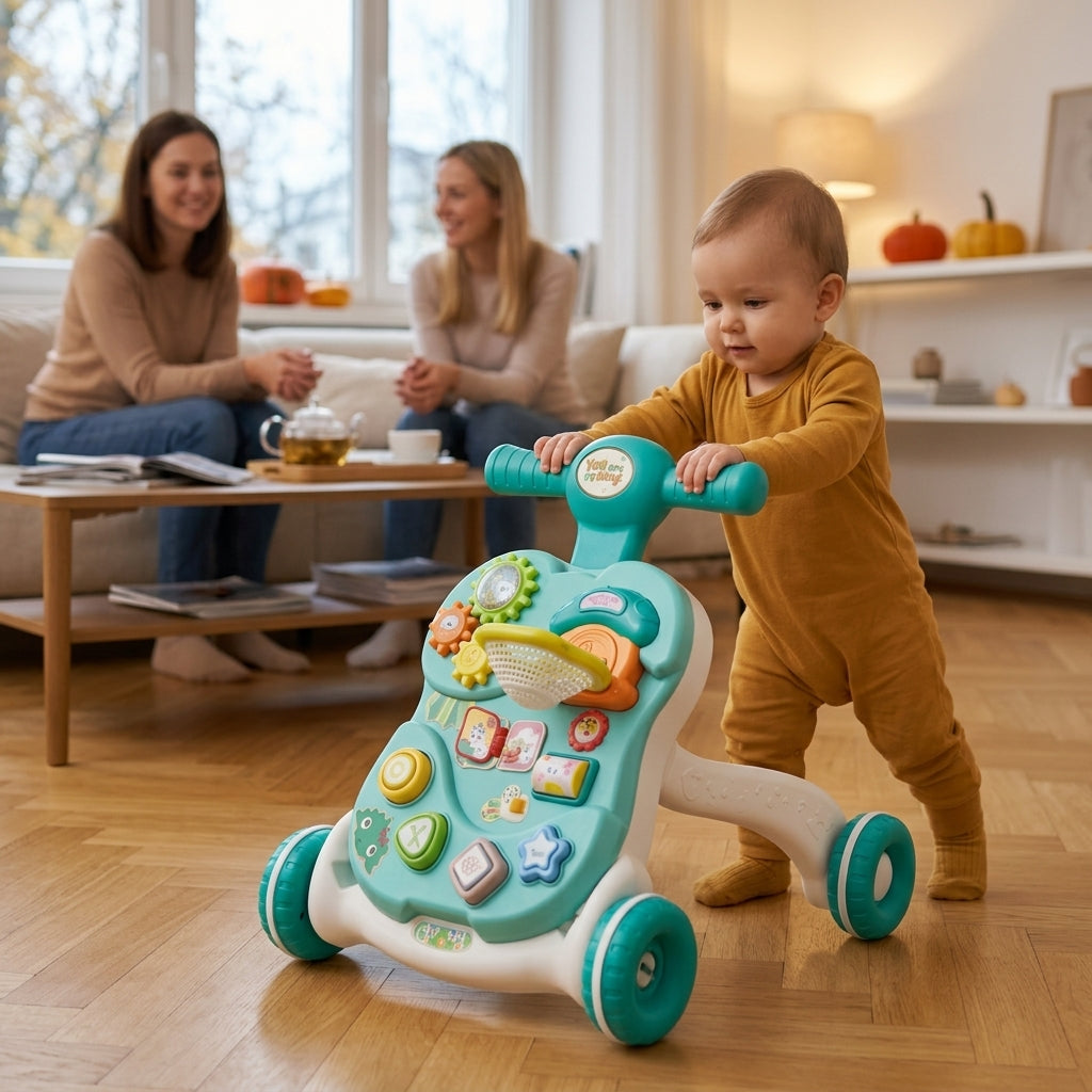 Bebi šetalica dok beba pravi prve korake u gostima kod prijatelja