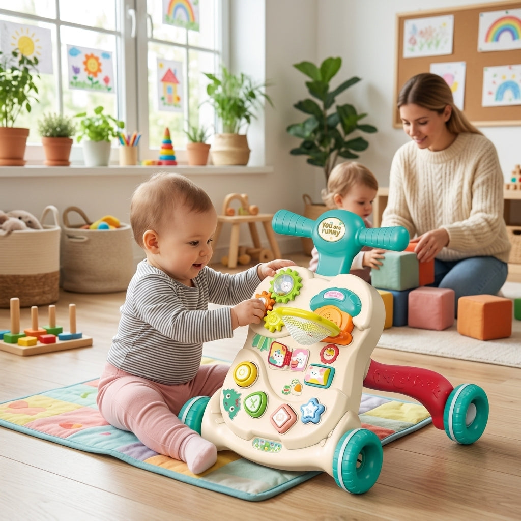 Bebi šetalica sa edukativnom tablom dok beba sedi i istražuje oblike u jaslicama