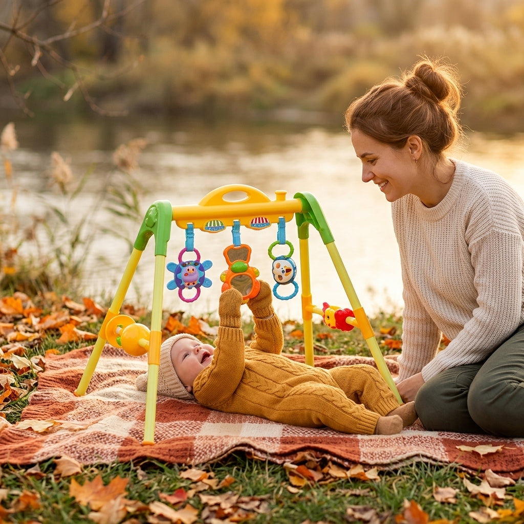 Bebi gimnastika na piknik ćebetu pored reke sa bebom koja se igra
