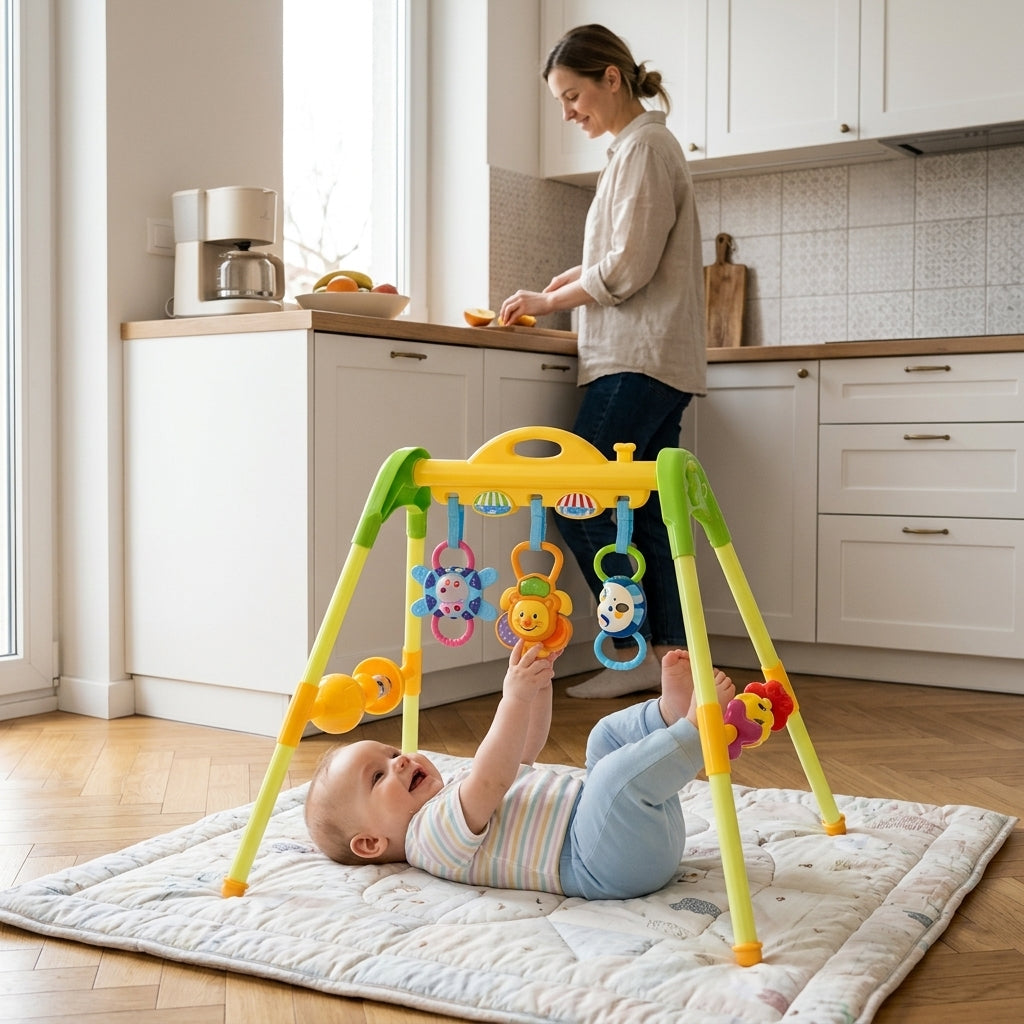 Bebi gimnastika u svetloj kuhinji na mekoj prostirci sa bebom