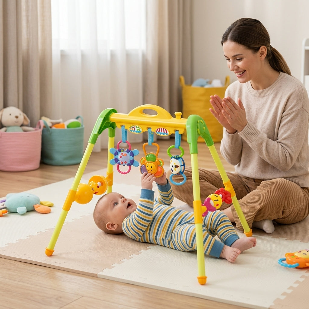 Bebi gimnastika u kutku za igru sa visećim zvečkama